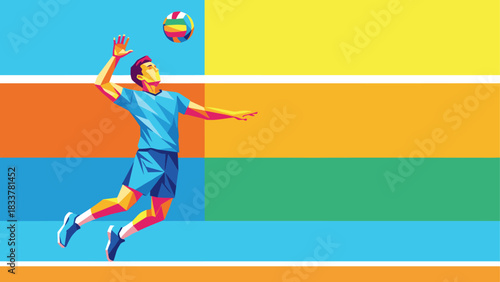 Colorful geometric volleyball player in motion on bold background
