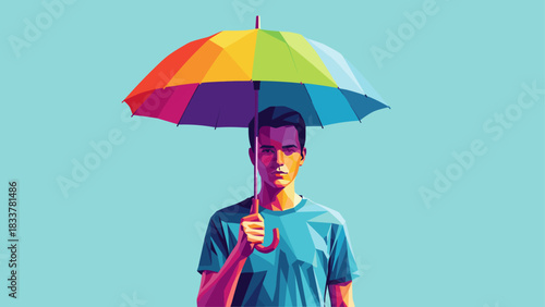 Vibrant abstract portrait of man with rainbow umbrella on blue background