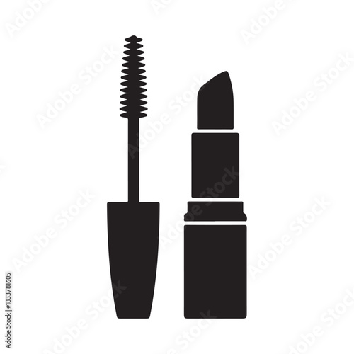 Black silhouette of mascara and lipstick makeup products