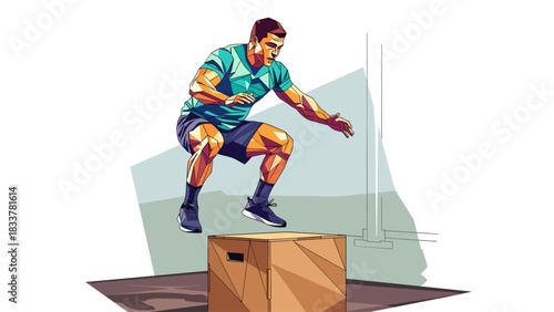 Athletic man performing box jump in geometric style