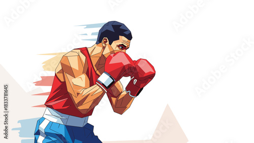 Polygonal boxer in red gloves preparing for a match