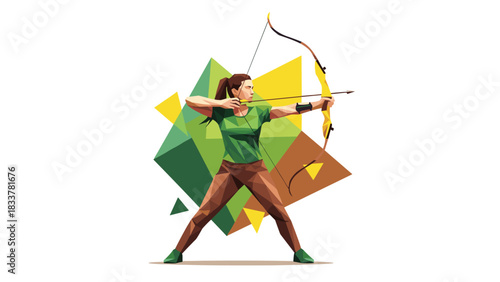 Geometric style archer taking aim with colorful abstract background