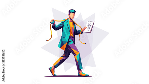 Colorful geometric tailor holding tape measure and sketch