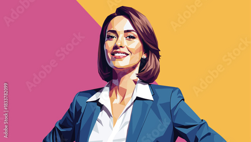 Confident woman in business attire against vibrant geometric background