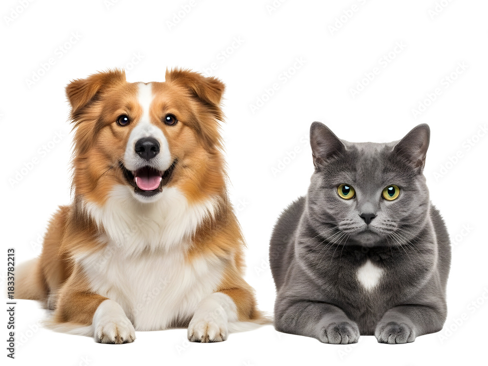 Obraz premium Happy Dog and British Blue Cat Lying Together – Cute Pet Friends Isolated PNG