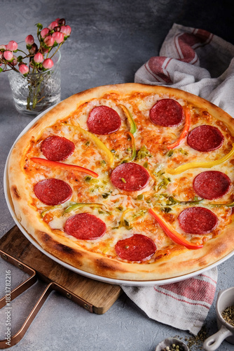 Fiery pizza delight, Hot pepperoni slices on melted cheesy base