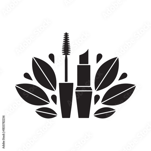 Elegant black silhouette of mascara and lipstick with leafy accents