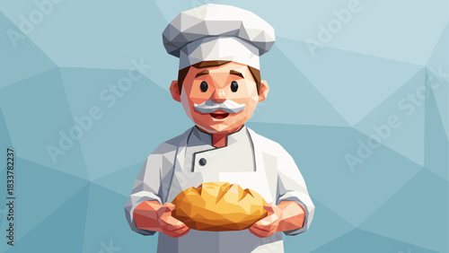 Geometric chef holding bread against blue background