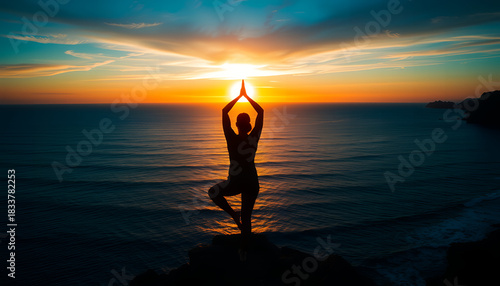 Silhouette of a person practicing yoga tree pose at sunset on a rocky shore
