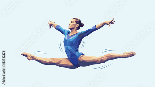 Dynamic low poly gymnast performing split leap in blue leotard