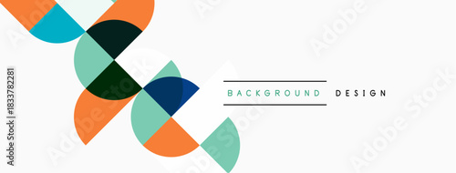 Abstract geometric shapes overlap, creating dynamic visual composition. Colors include orange, teal, blue, green. Simple background design.