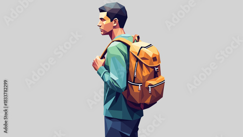 Geometric style student with backpack against minimal gray background