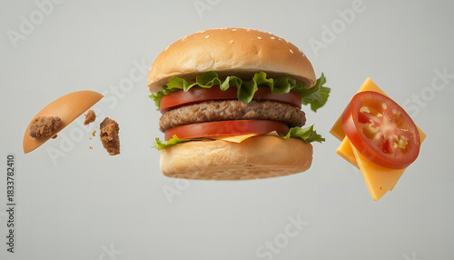 Deconstructed double cheeseburger with lettuce tomato and bun floating