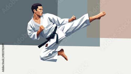 Dynamic martial arts kick in modern geometric style