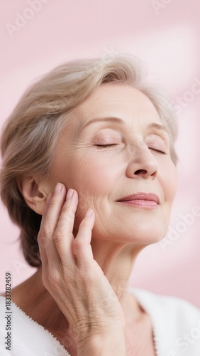 Profile of senior caucasian woman with hand on cheek eyes closed