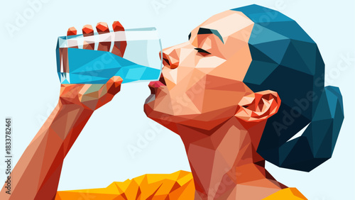 Colorful low poly art of woman drinking water for modern design