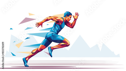 Dynamic geometric athlete sprinting with abstract shapes in motion