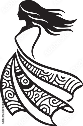 Silhouette of a woman in a dress isolated on white background
This is a silhouette of a woman in a dress with swirling patterns. The image is isolated on a white background and is suitable for use as 