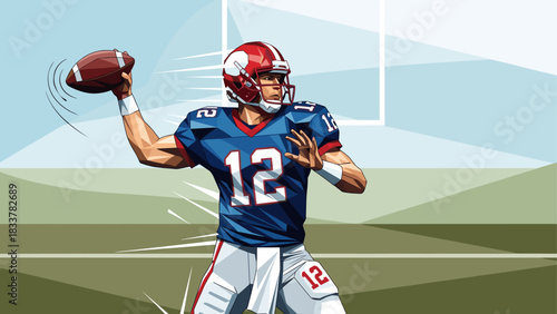 Dynamic american football player throwing pass in geometric style