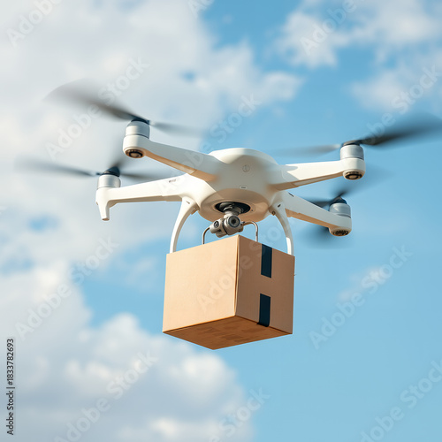 Drone delivering a package in the sky with clouds