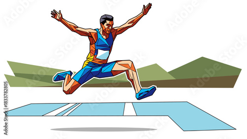 Geometric athlete in action: dynamic polygonal long jump scene