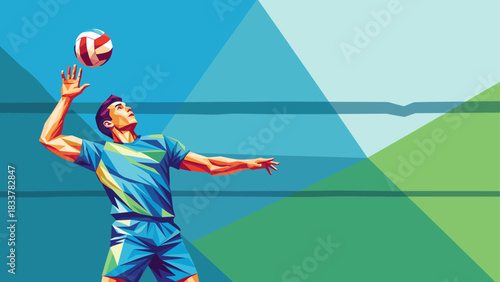 Abstract geometric volleyball player serving in vibrant colors