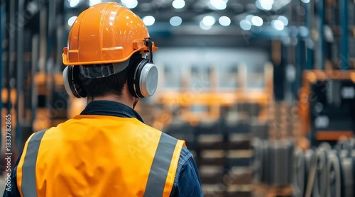 Industrial Worker Wearing Safety Vest and Ear Protection.