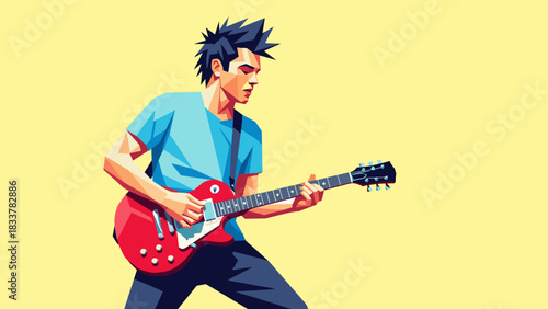 Colorful geometric art of man playing electric guitar on vibrant background