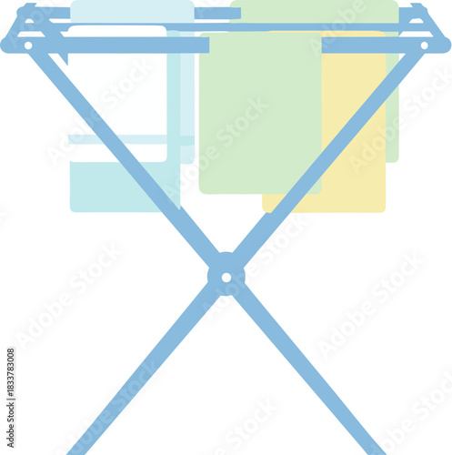 Simple flat vector illustration of a blue clothes drying rack with colorful laundry hanging to dry.