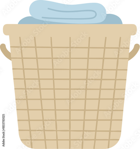 Beige wicker laundry basket with folded blue towel illustration.