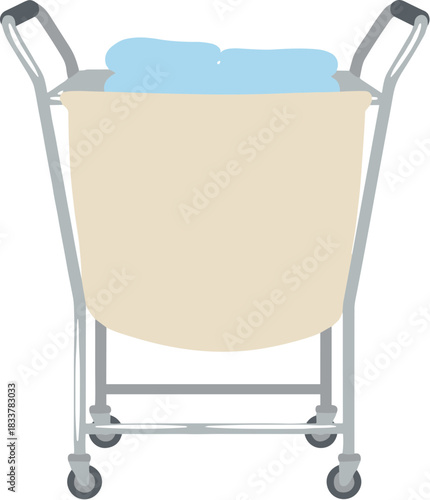 Rolling industrial laundry cart with canvas bag and blue towels.