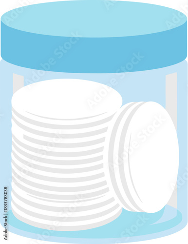 Stack of white cosmetic cotton pads in a clear jar with a blue lid vector illustration.