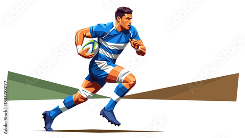 Geometric rugby player in motion with striped jersey and ball