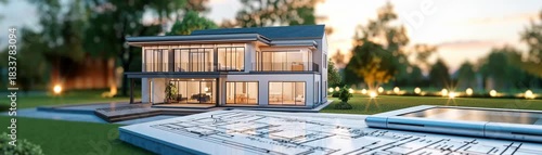 Modern Home Design Blueprint on Lush Property.