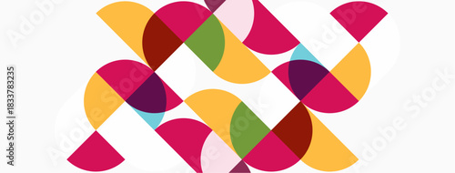 Abstract geometric pattern. Overlapping colorful semicircles create dynamic texture. Pink, orange, green hues dominate white background.