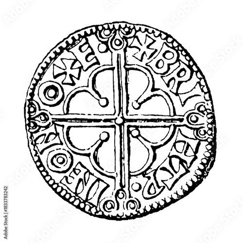 фотографія Silver penny (denarius) of King Cnut the Great minted in Oxford, featuring prominent cross design with pellets and annulets, Anglo-Saxon/Viking period coinage, old vintage illustration, 1899