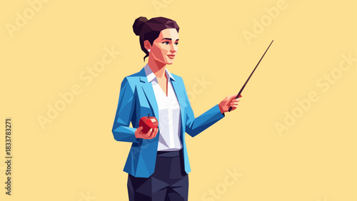 Confident teacher holding stick and apple in geometric style on yellow background