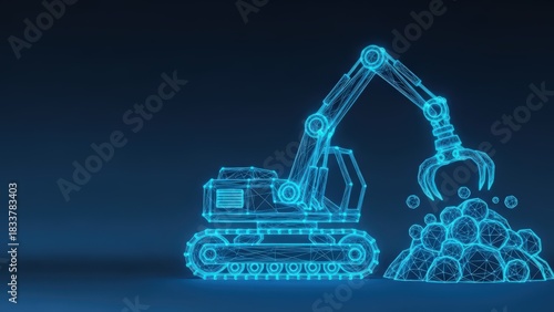Glowing blue digital excavator working with earth and debris