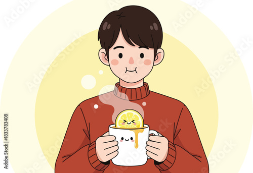 Vector illustration of boy holding a cup of hot drink