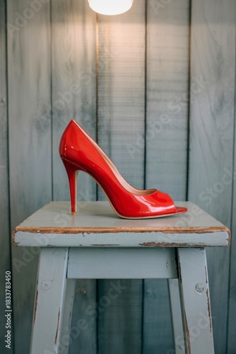 Single red peep toe high heel shoe on a wooden stool