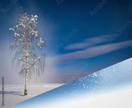 Snow covered tree in a winter landscape with a bright blue sky