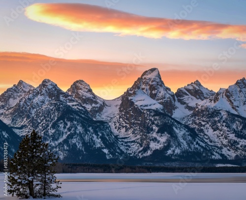 Snowy mountain peaks under a dramatic sunset sky