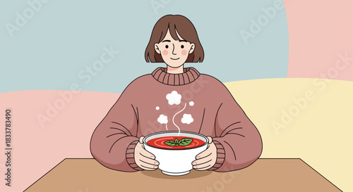 Vector illustration of man in a cozy sweater pours hot coffee into a white mug