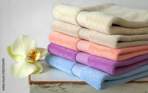Soft stacked towels with orchid blossom