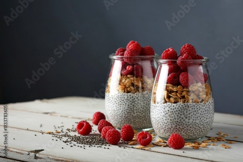 Two jars of overnight oats topped with fresh raspberries and granola