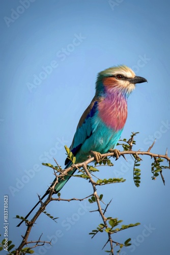 Vibrant lilac breasted roller perched on a branch under a clear blue sky