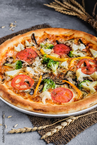 Natural light captures vibrant organic vegetable pizza on ceramic dish