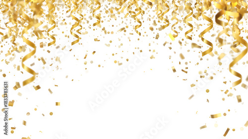 Golden Confetti and Streamers Falling on White Background for Party Celebration