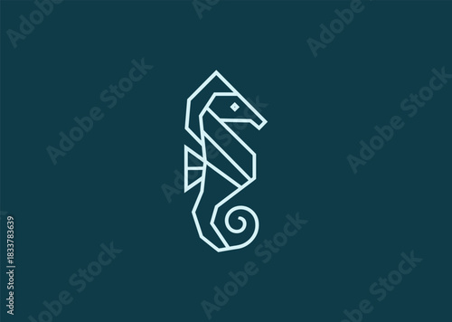 A geometric simple line seahorse logo with refined linear curves forming its elegant body, symbolizing creativity, elegance, and fluid harmony