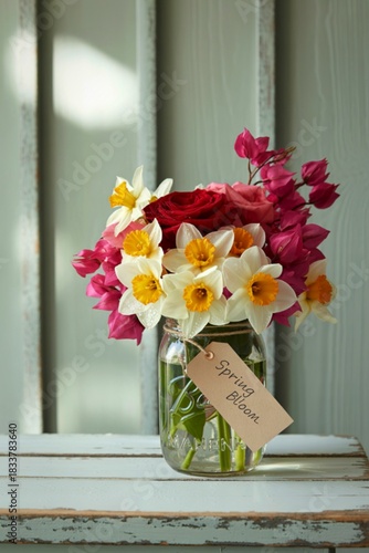 Vibrant spring bouquet in a mason jar with a handwritten tag